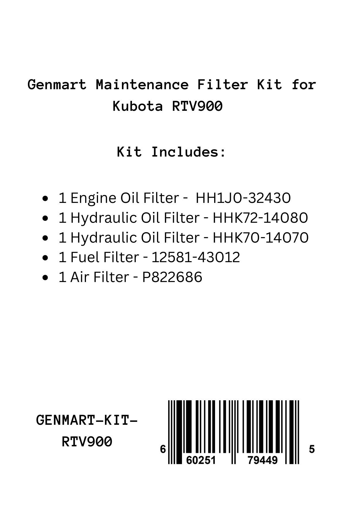 Genmart Maintenance Kit for Kubota RTV900