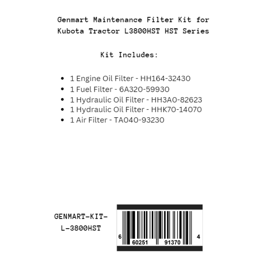 Genmart Maintenance Kit it for Kubota Tractor L3800HST HST Series