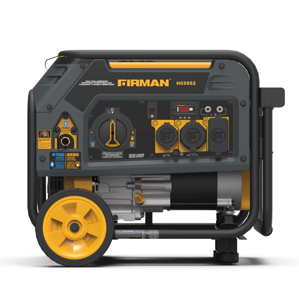 Friman Dual Fuel 4550/3650W Recoil Start Gas or Propane Powered Portable Generator with Wheel Kit - DS-H03652