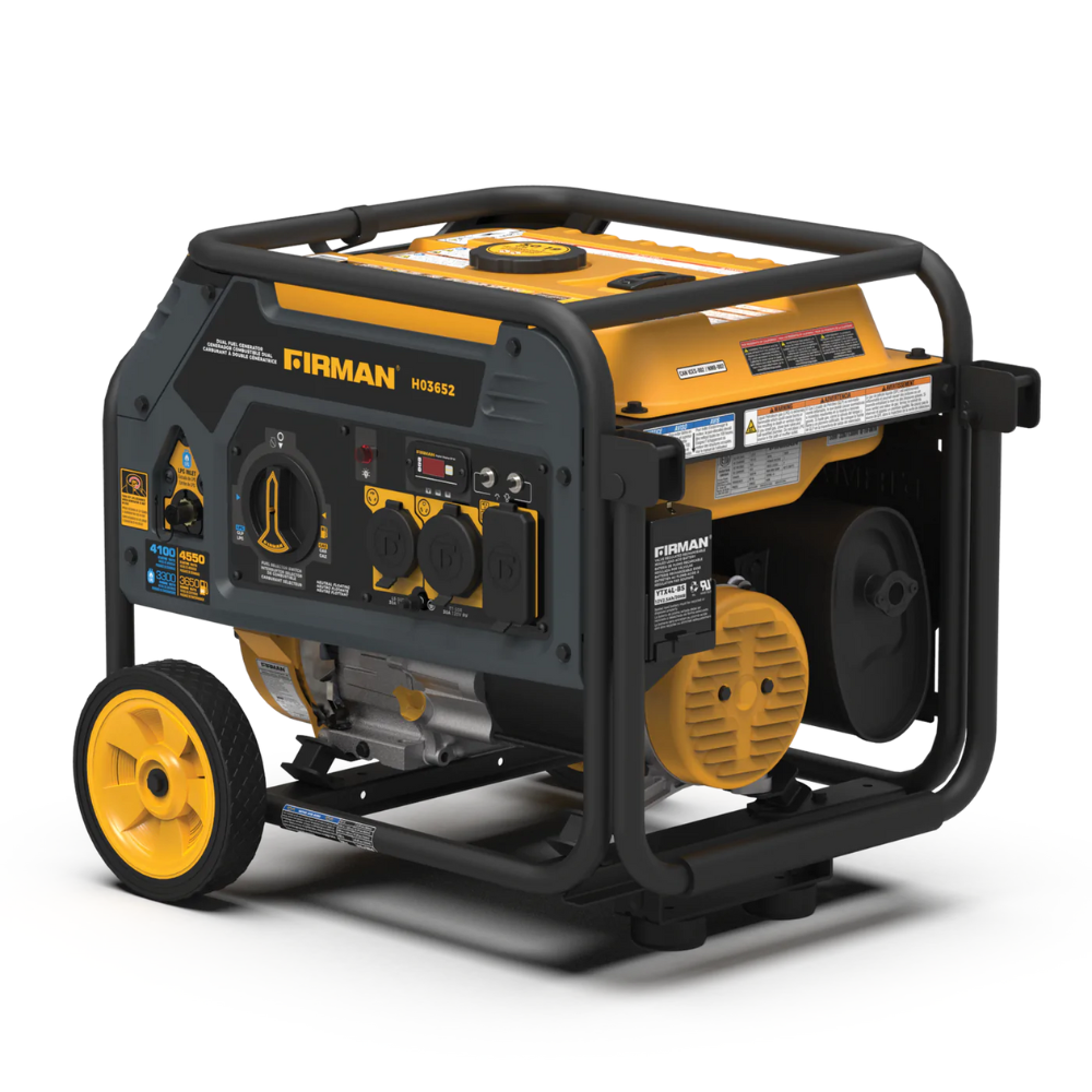 Friman Dual Fuel 4550/3650W Recoil Start Gas or Propane Powered Portable Generator with Wheel Kit - DS-H03652