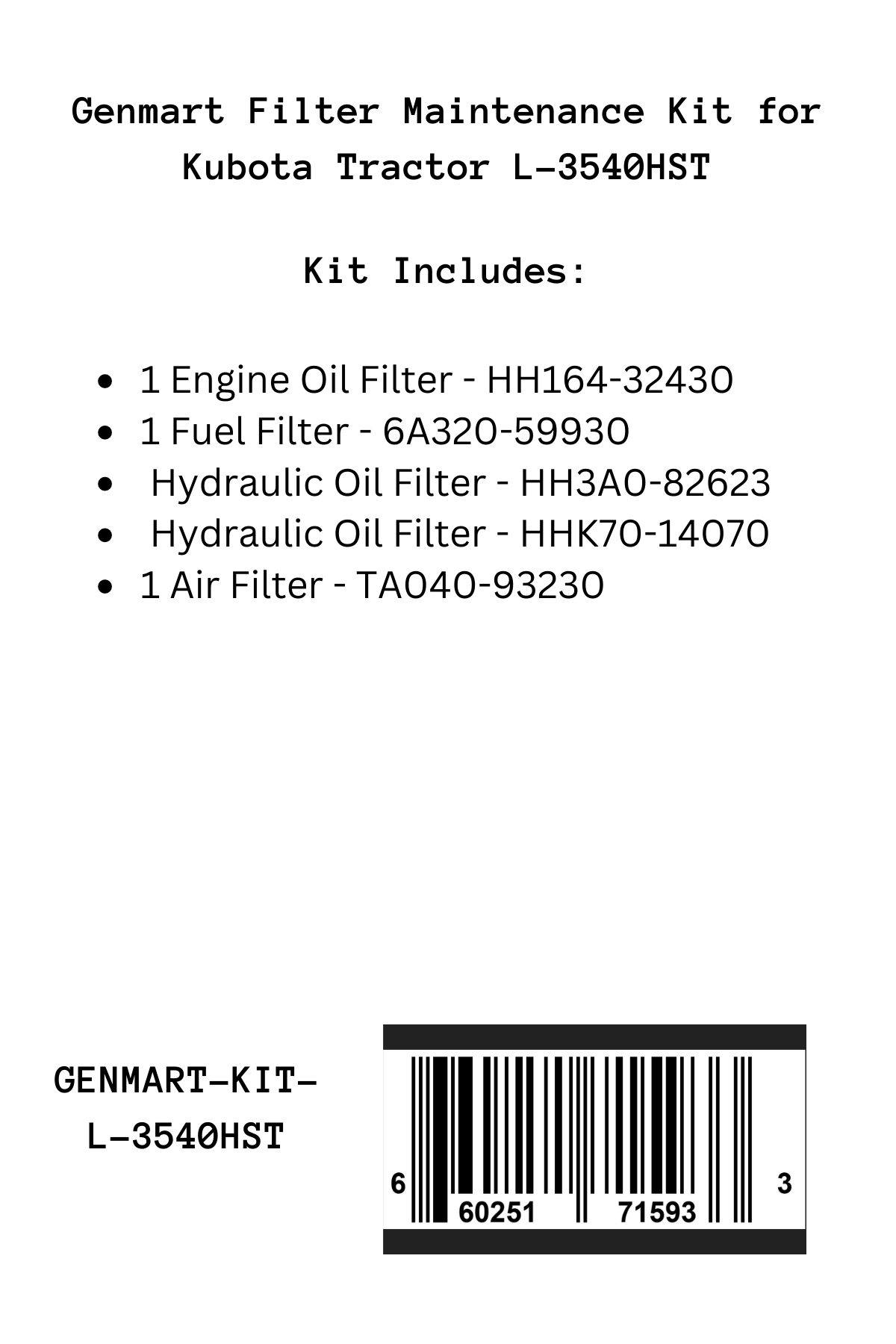 Genmart Maintenance Kit for Kubota Tractor L-3540HST