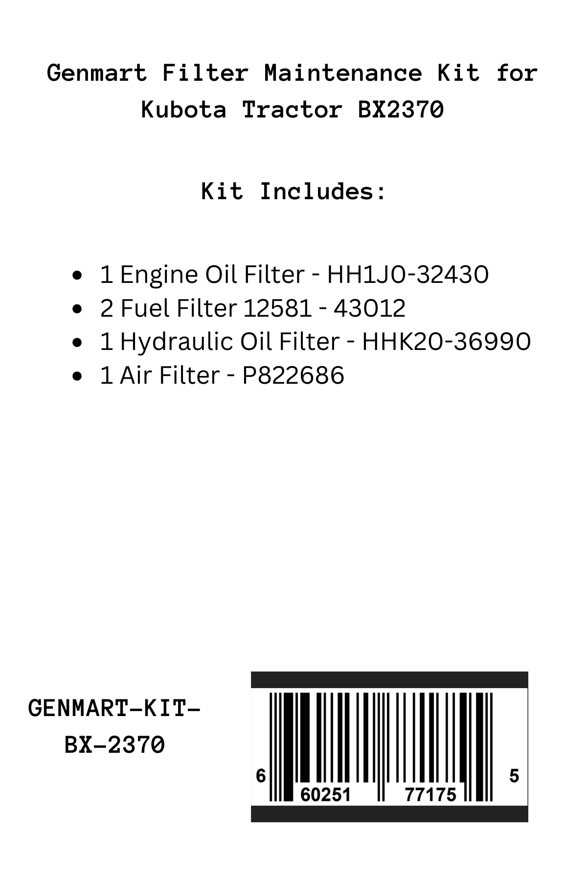 Genmart Maintenance Kit for Kubota Tractor BX-2370