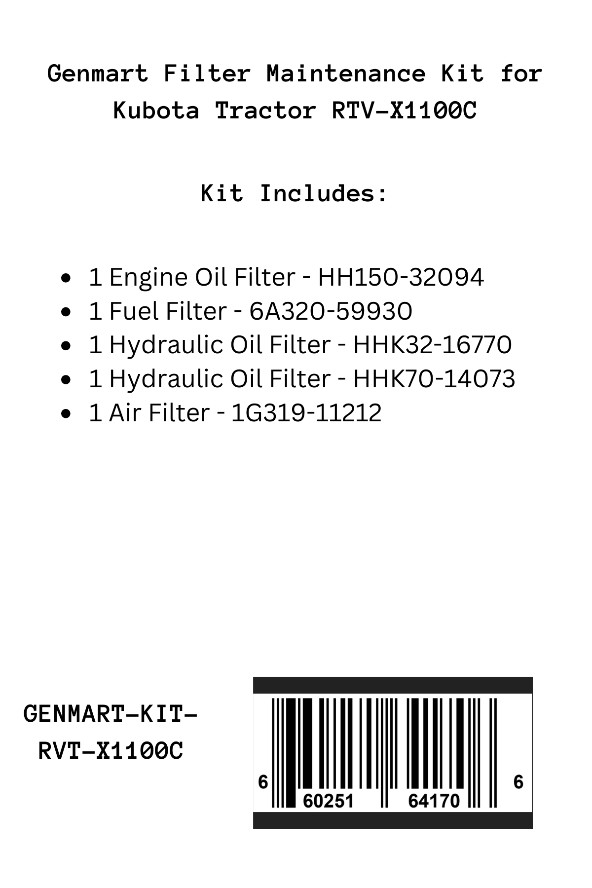 Genmart Maintenance Kit for Kubota Tractor RTV-X1100C