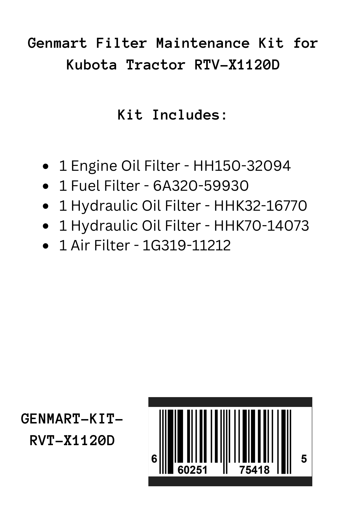 Genmart Maintenance Kit for Kubota Tractor RTV-X1120D