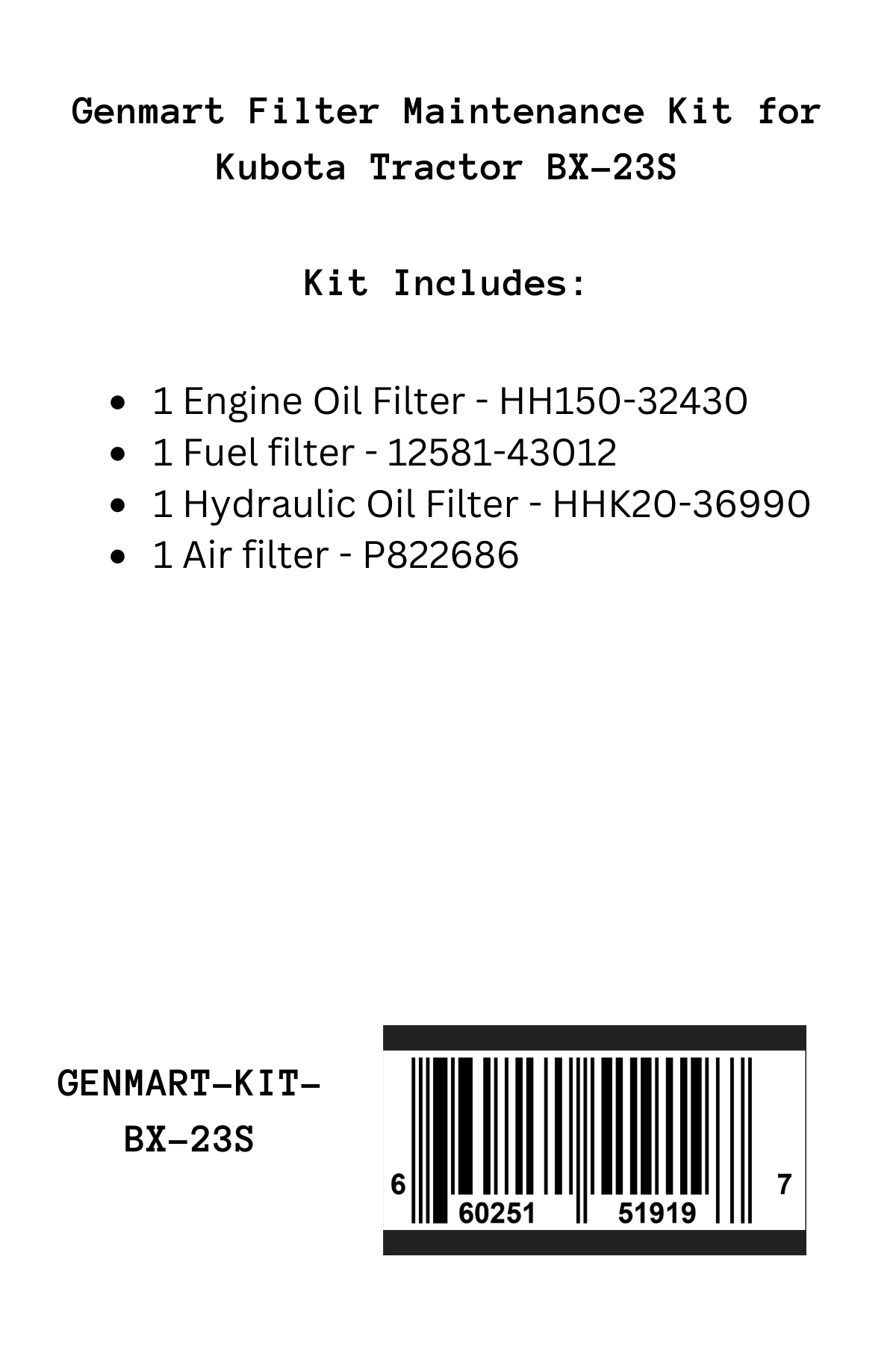 Genmart Maintenance Kit for Kubota Tractor BX-23S