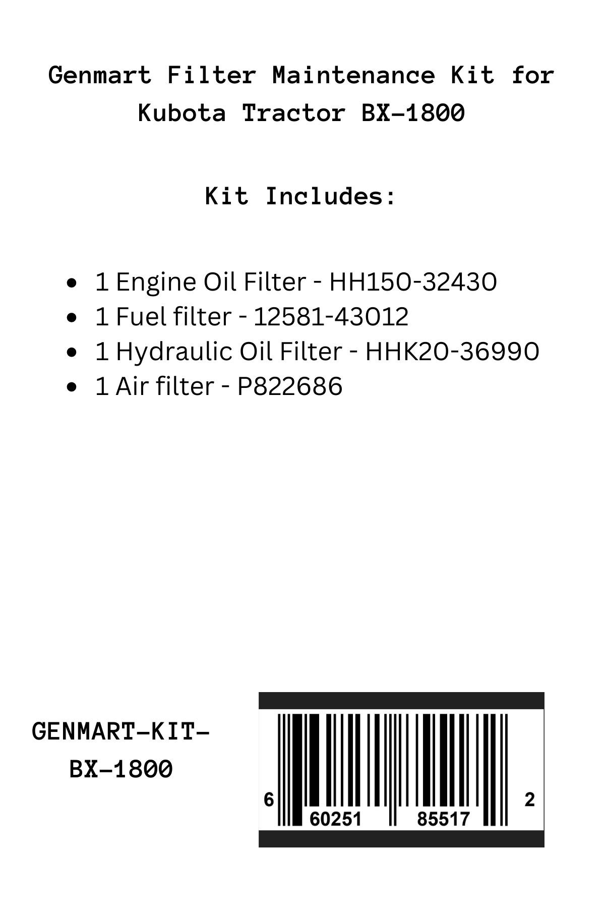 Genmart Maintenance Kit for Kubota Tractor BX-1800
