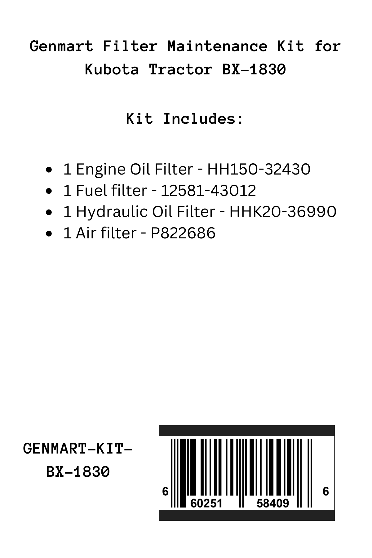 Genmart Maintenance Kit for Kubota Tractor BX-1830