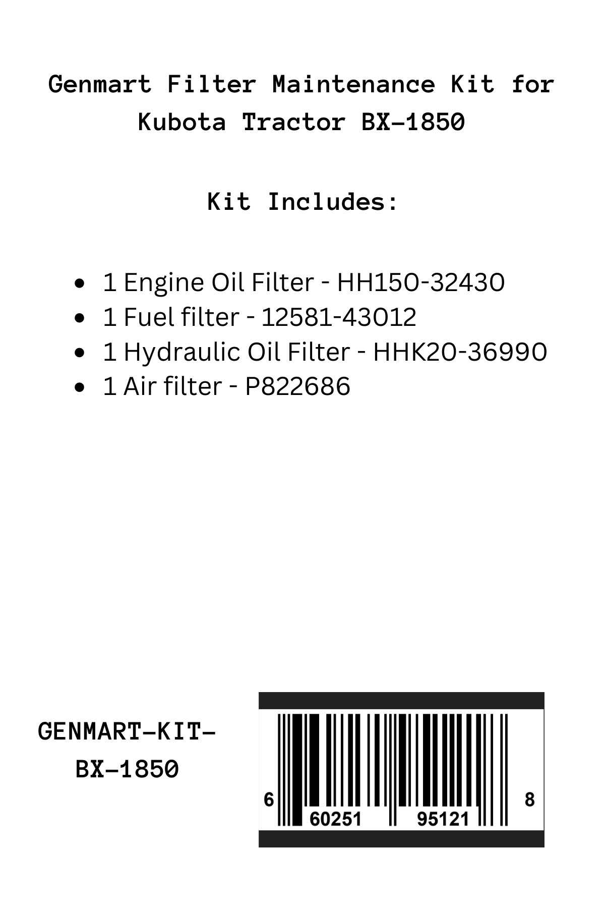 Genmart Maintenance Kit for Kubota Tractor BX-1850