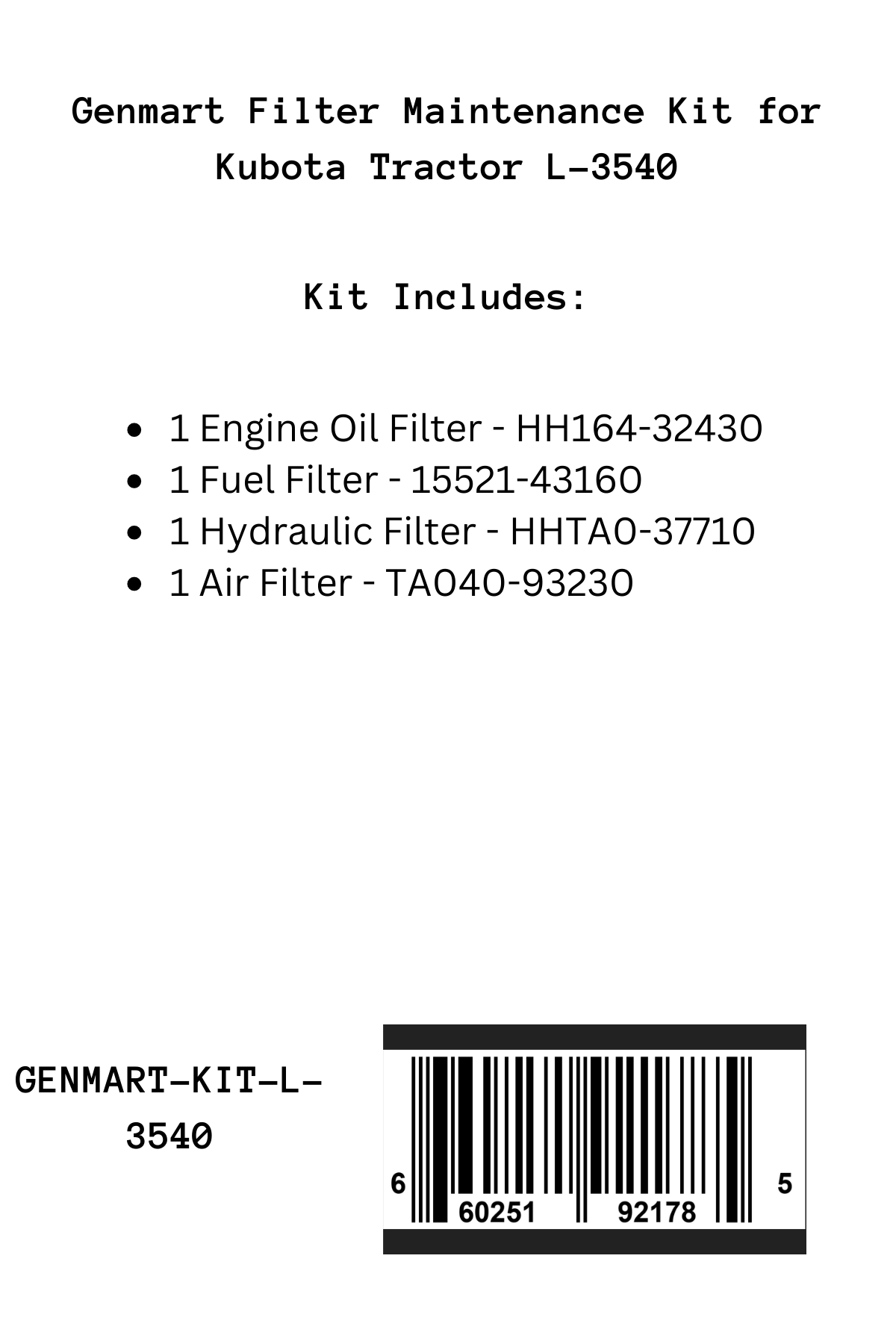 Genmart Maintenance Kit for Kubota Tractor L-3540