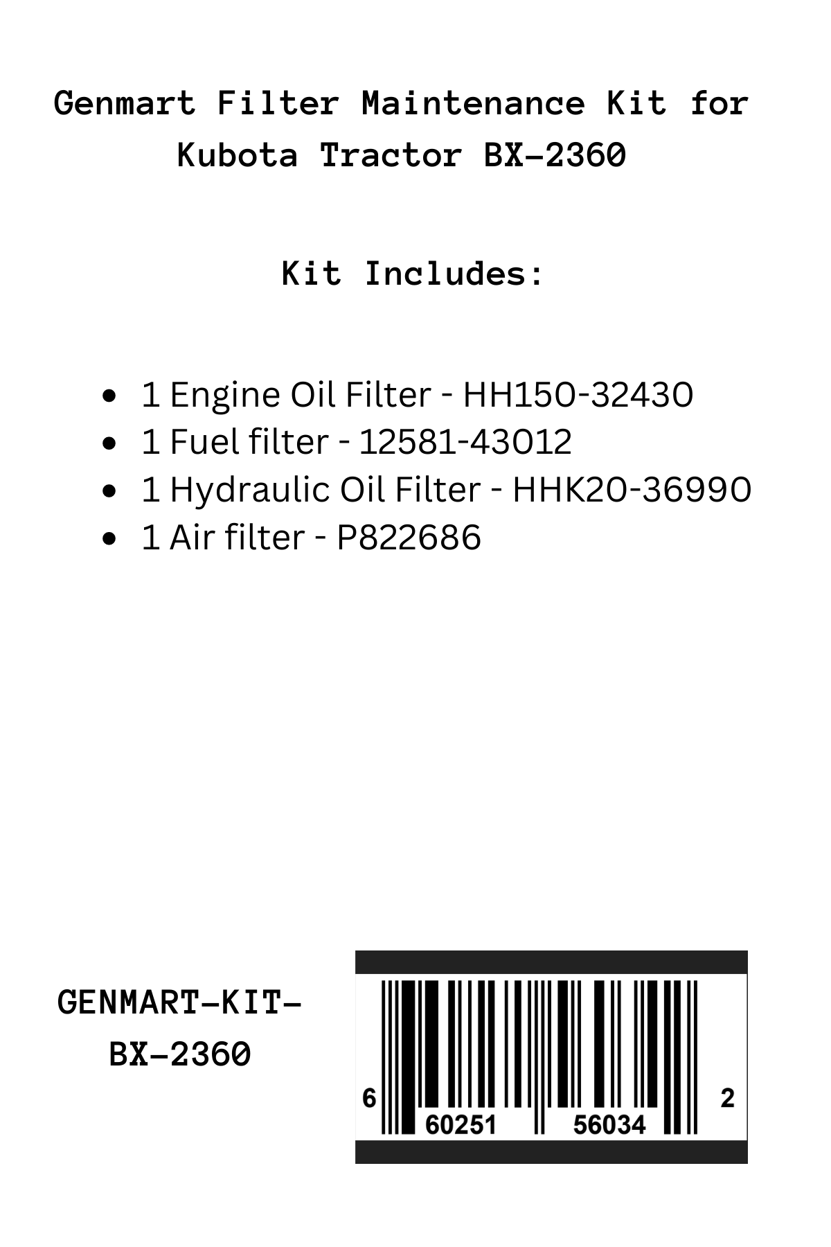 Genmart Maintenance Kit for Kubota Tractor BX-2360