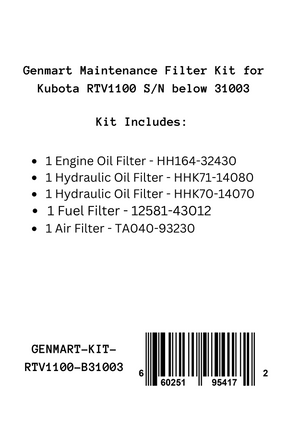 Genmart Maintenance Kit for Kubota RTV1100 (Below 31003)