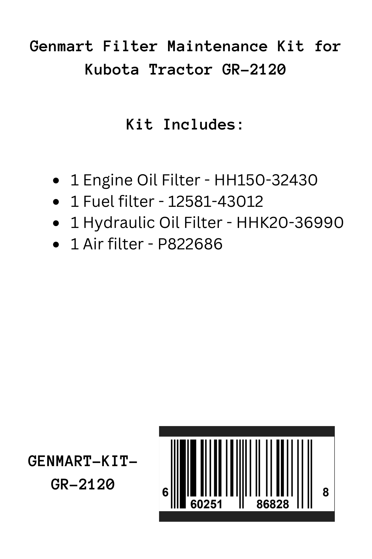 Genmart Maintenance Kit for Kubota Tractor GR-2120