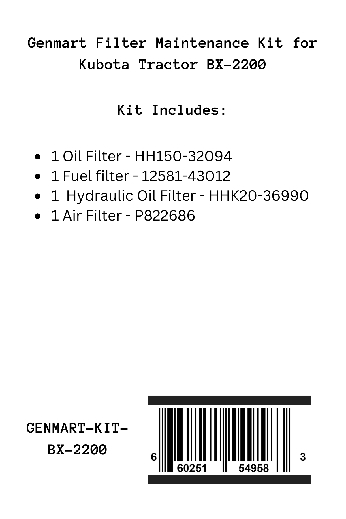 Genmart Maintenance Kit for Kubota Tractor BX-2200