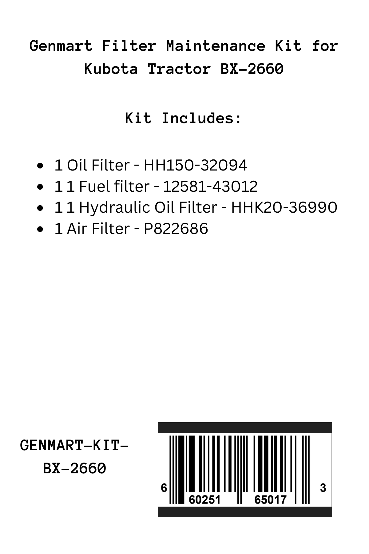 Genmart Maintenance Kit for Kubota Tractor BX-2660