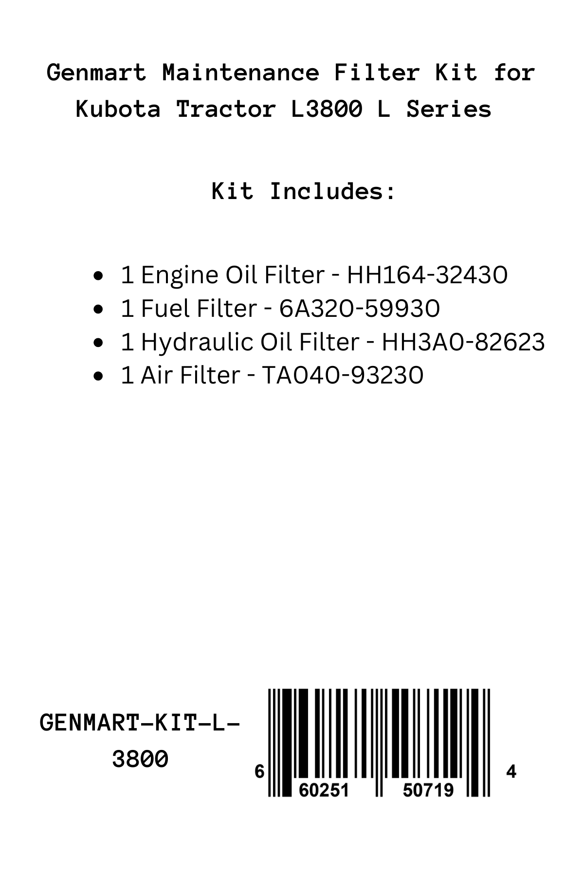 Genmart Maintenance Kit for Kubota Tractor L3800 L Series